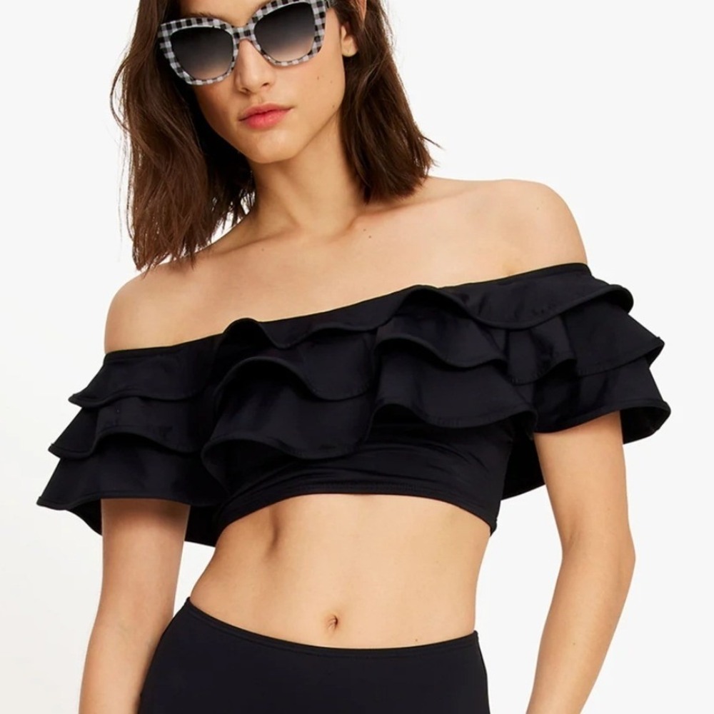 Kate Spade New York Black Ruffle Off the Shoulder‎ Bikini Swim Top Womens Medium
